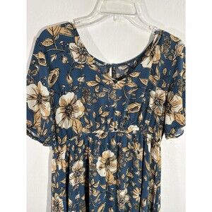 Bohemian Casual Ruffled Lined Dress Large Teal w/Tan White Floral